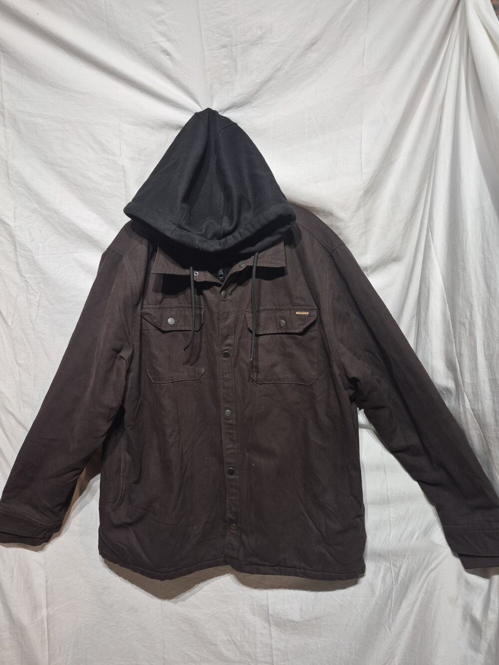 BRAHMA BROWN CANVAS WORK JACKET W/ BLACK ATTACHED HOODIE SIZE L ZIPPER & SNAPS
